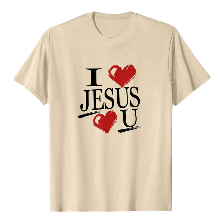 Maglietta a maniche corte premium con doppio cuore "I Love Jesus and You" Christianartworkshop. - Beige - 2XL - image 4