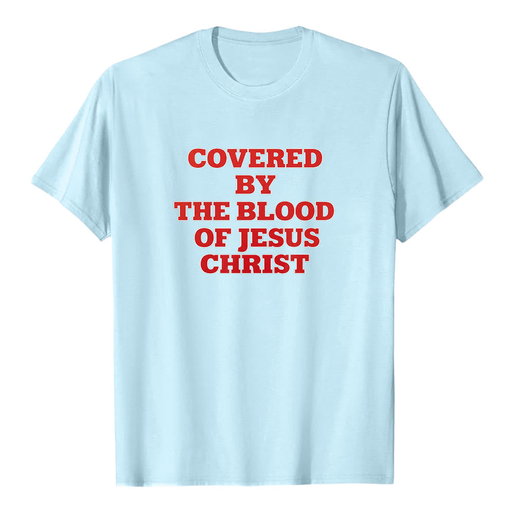 Maglietta a maniche corte premium con scritta "Coperti dal sangue di Gesù Cristo" Christianartworkshop - Blu - 2XL - image 5
