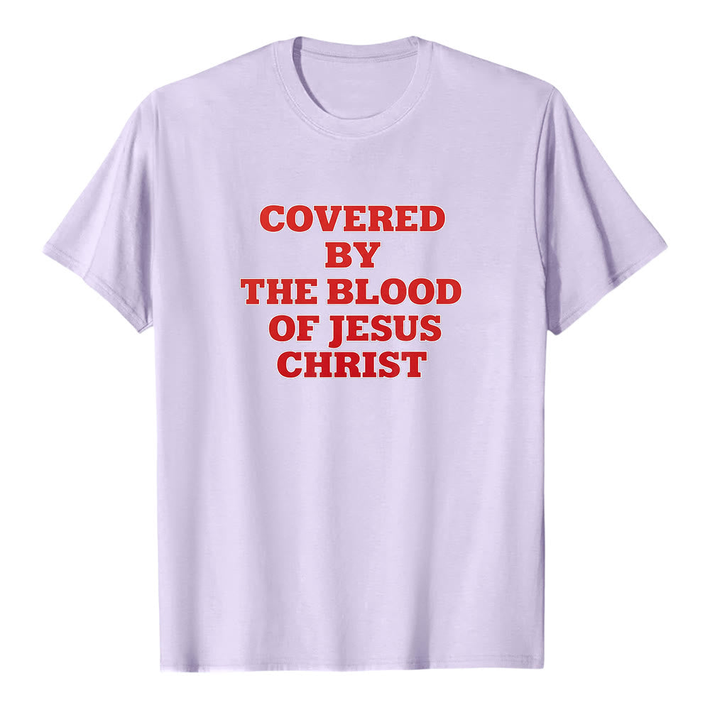 Maglietta a maniche corte premium con scritta "Coperti dal sangue di Gesù Cristo" Christianartworkshop - Viola - 2XL - image 3