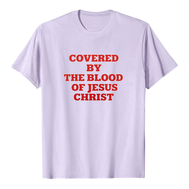 Maglietta a maniche corte premium con scritta "Coperti dal sangue di Gesù Cristo" Christianartworkshop - Viola - 2XL - image 3