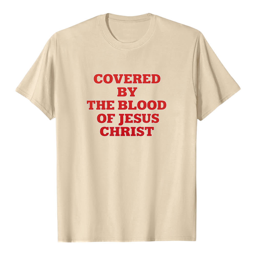 Maglietta a maniche corte premium con scritta "Coperti dal sangue di Gesù Cristo" Christianartworkshop - Beige - 2XL - image 4