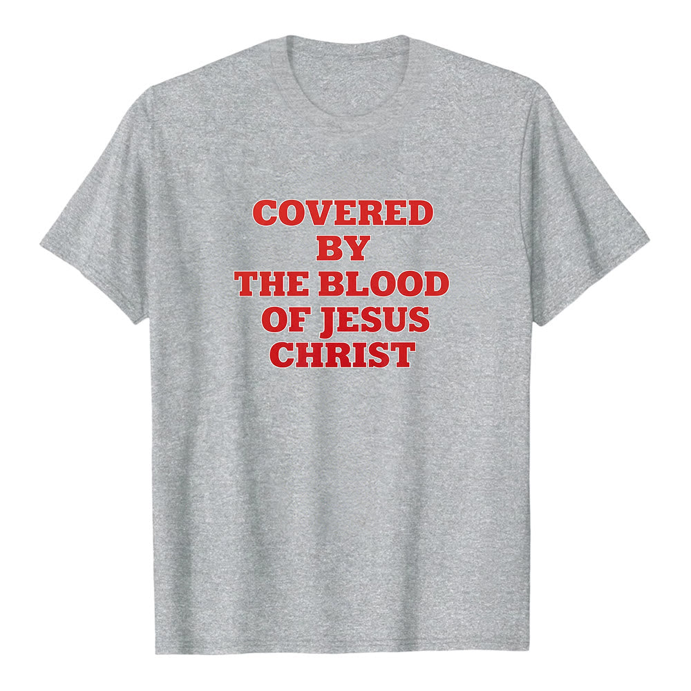 Maglietta a maniche corte premium con scritta "Coperti dal sangue di Gesù Cristo" Christianartworkshop - Grigio - 2XL - image 2