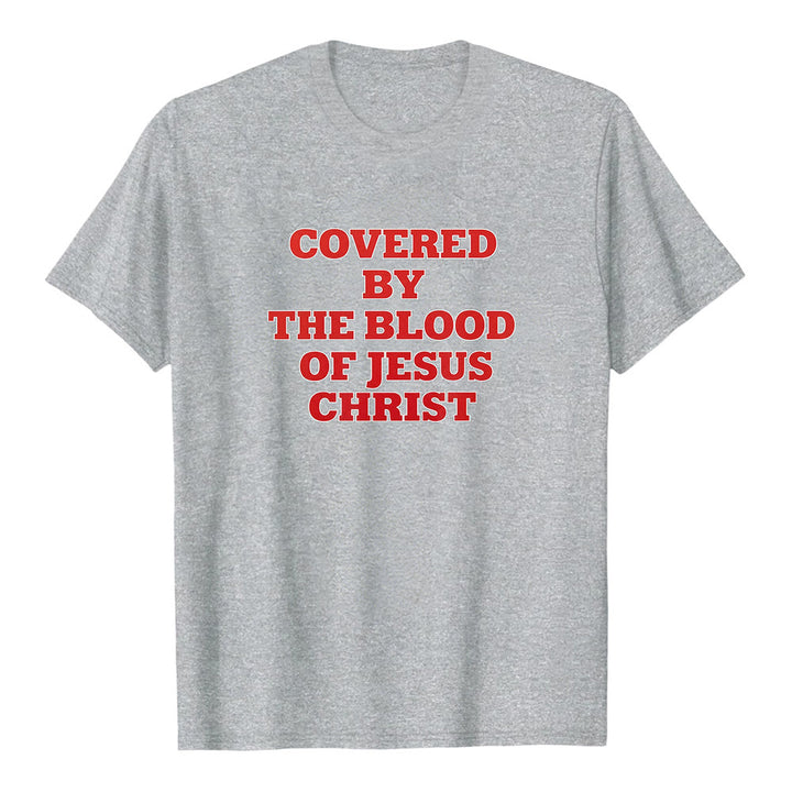 Maglietta a maniche corte premium con scritta "Coperti dal sangue di Gesù Cristo" Christianartworkshop - Grigio - 2XL - image 2