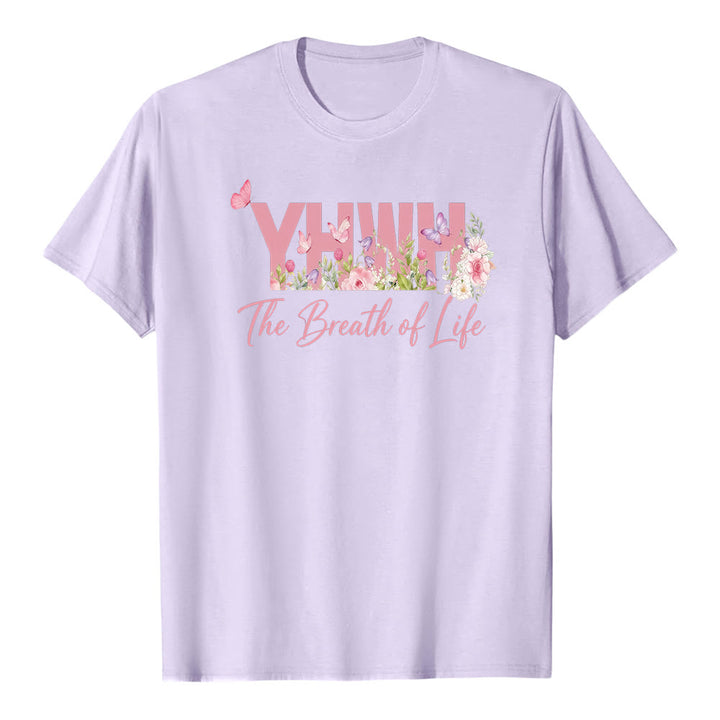 T-shirt premium a maniche corte con stampa floreale pastello e farfalla "YHWH" Christianartworkshop - Viola - 2XL - image 0