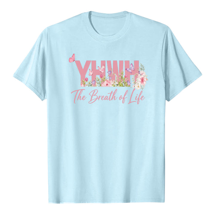 T-shirt premium a maniche corte con stampa floreale pastello e farfalla "YHWH" Christianartworkshop - Blu - 2XL - image 5