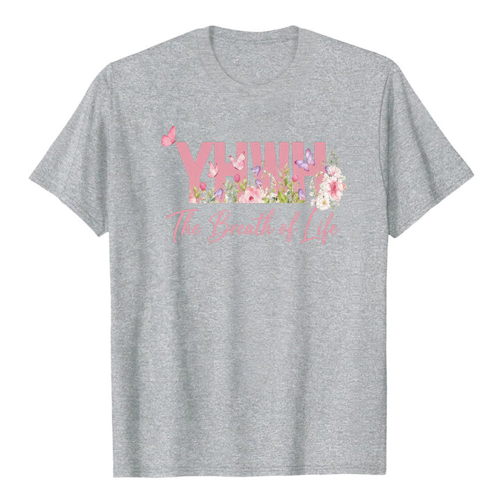 T-shirt premium a maniche corte con stampa floreale pastello e farfalla "YHWH" Christianartworkshop - Grigio - 2XL - image 3