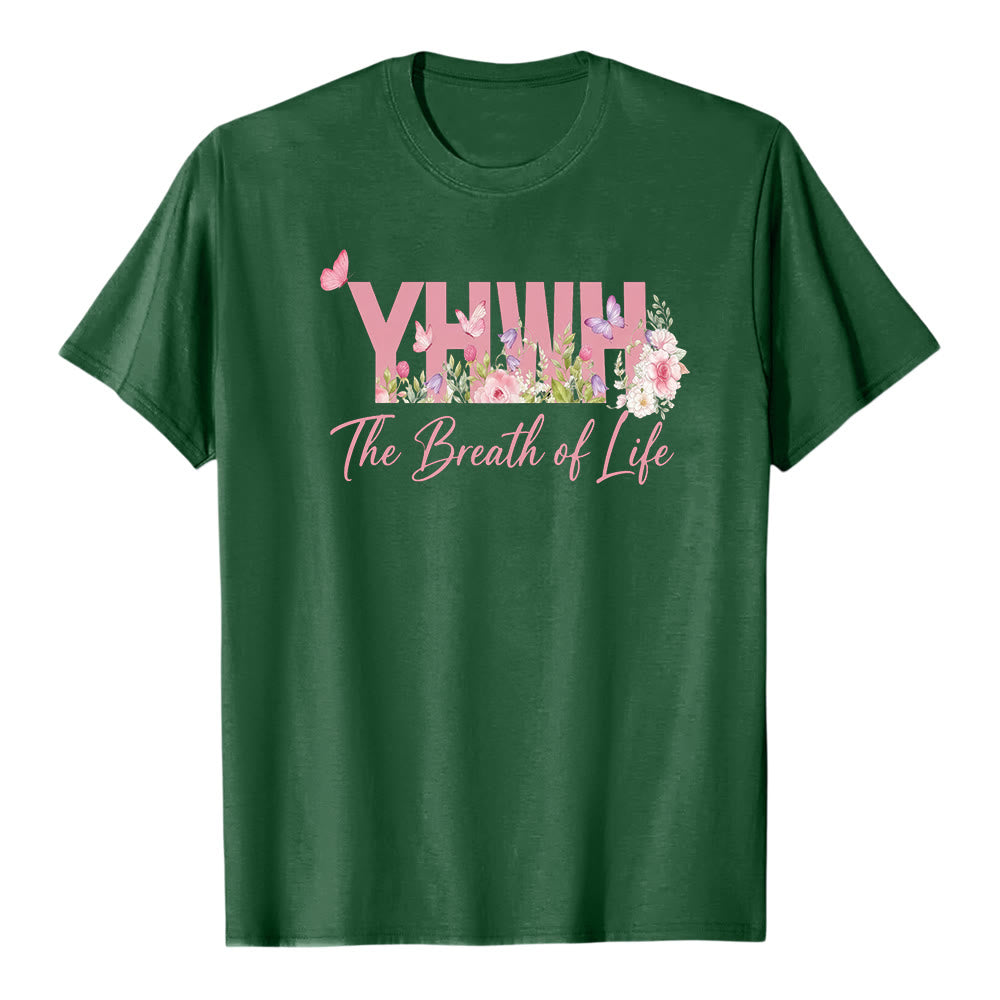 T-shirt premium a maniche corte con stampa floreale pastello e farfalla "YHWH" Christianartworkshop - Verde scuro - 2XL - image 7
