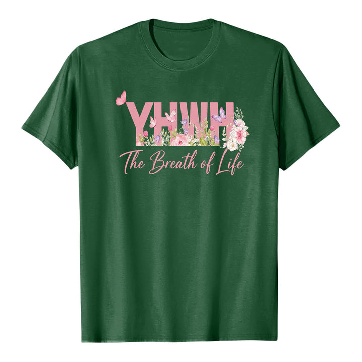 T-shirt premium a maniche corte con stampa floreale pastello e farfalla "YHWH" Christianartworkshop - Verde scuro - 2XL - image 7