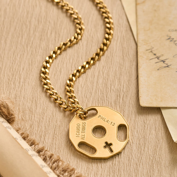 Christianartworkshop Collana sportiva da palestra con manubri e croce traforata: un promemoria della forza divina - D'oro - image 5