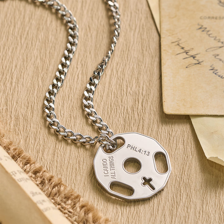 Christianartworkshop Collana sportiva da palestra con manubri e croce traforata: un promemoria della forza divina - Argento - image 1