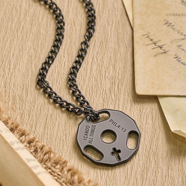 Christianartworkshop Collana sportiva da palestra con manubri e croce traforata: un promemoria della forza divina - Nero - image 3