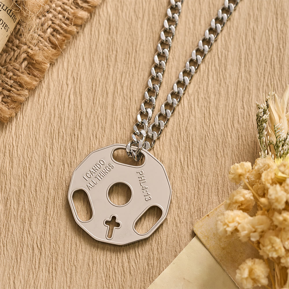Christianartworkshop Collana sportiva da palestra con manubri e croce traforata: un promemoria della forza divina - image 2