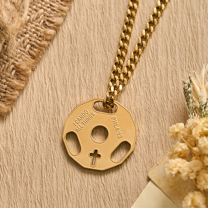 Christianartworkshop Collana sportiva da palestra con manubri e croce traforata: un promemoria della forza divina - image 6