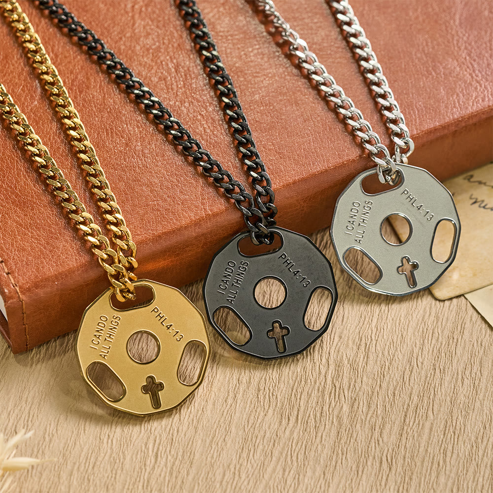 Christianartworkshop Collana sportiva da palestra con manubri e croce traforata: un promemoria della forza divina - image 0