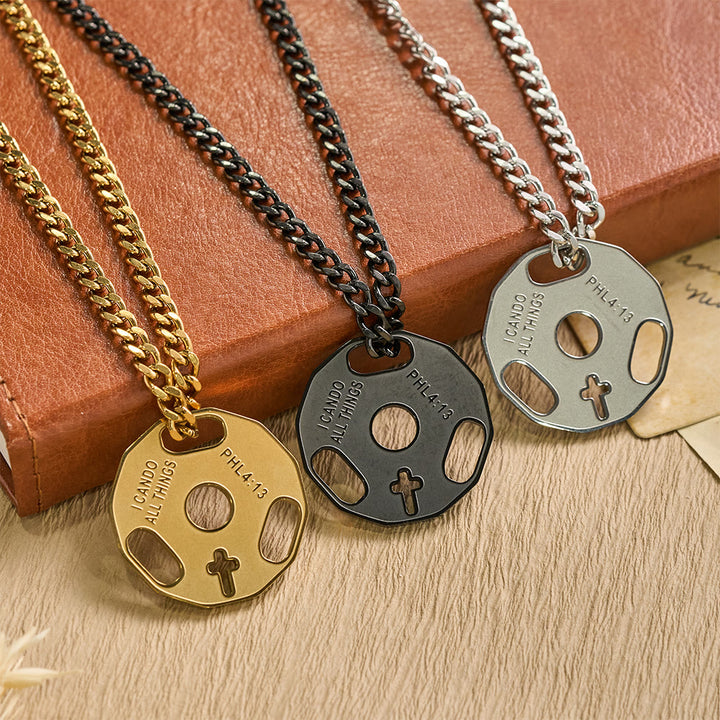 Christianartworkshop Collana sportiva da palestra con manubri e croce traforata: un promemoria della forza divina - image 0