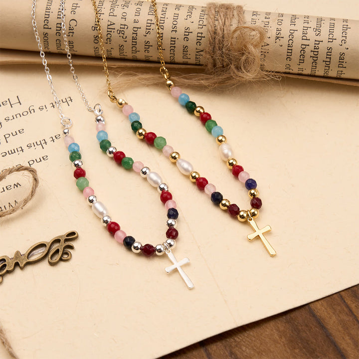 Christianartworkshop Collana di perline colorate con semplice ciondolo a croce: simbolo di vibrante grazia sacra e fede incrollabile. - image 0