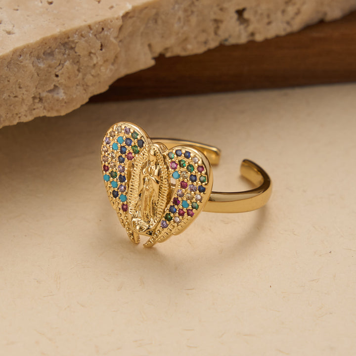 Christianartworkshop Anello aperto regolabile con alone di zirconi colorati. Ciondolo della Madonna di Guadalupe: simbolo di tenera grazia materna. - image 2