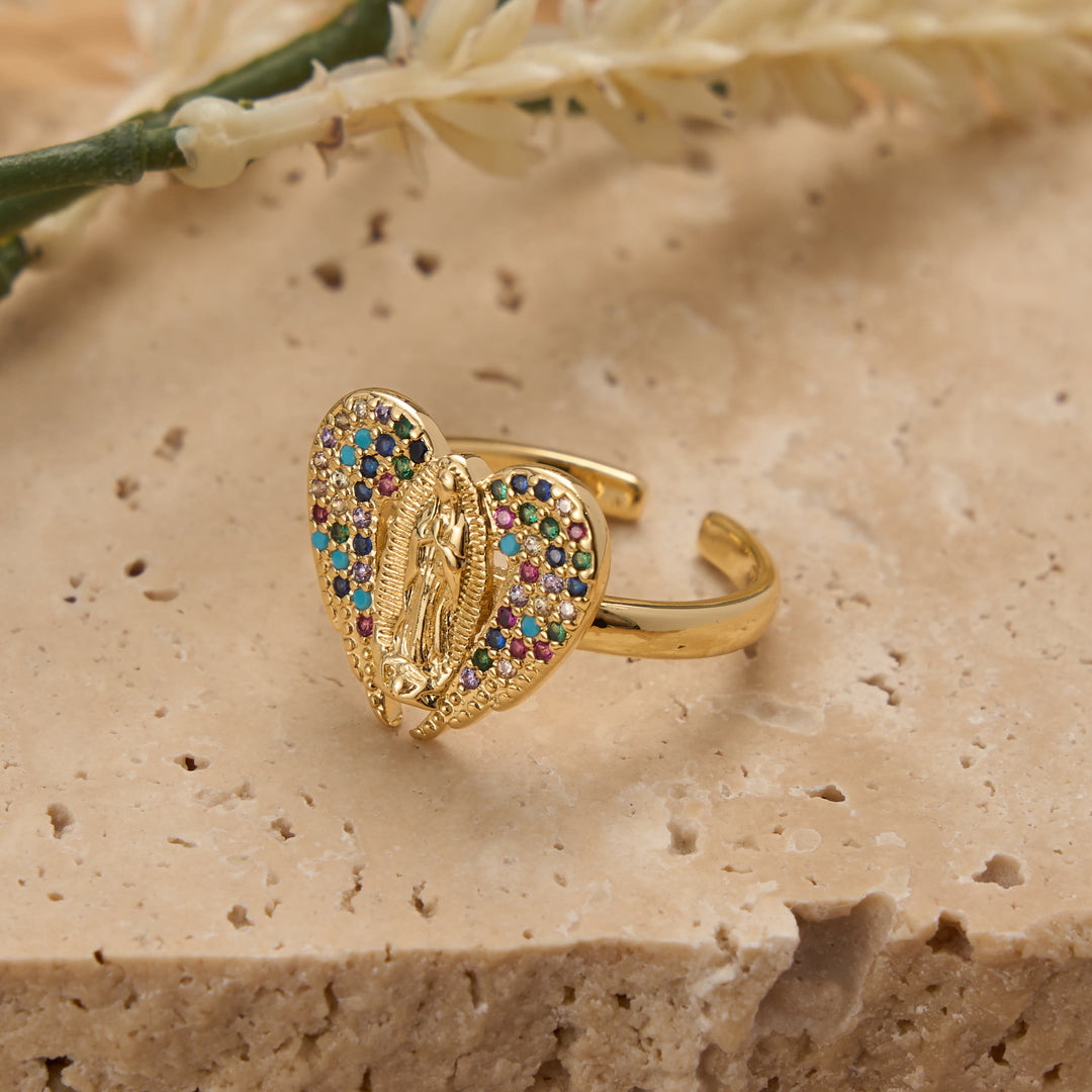 Christianartworkshop Anello aperto regolabile con alone di zirconi colorati. Ciondolo della Madonna di Guadalupe: simbolo di tenera grazia materna. - image 1
