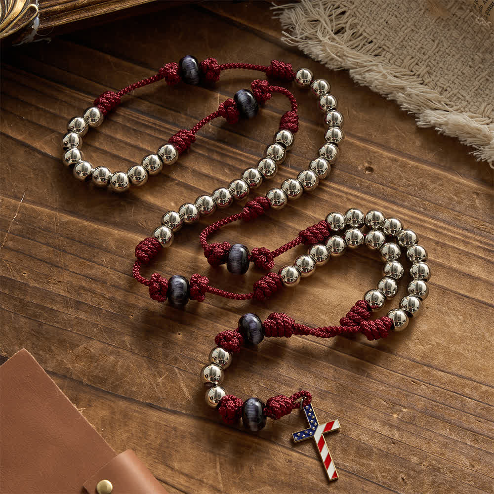 Christianartworkshop Rosario rustico patriottico in paracord con croce a bandiera americana, Dio e Patria sempre. - Croce della bandiera americana - image 0