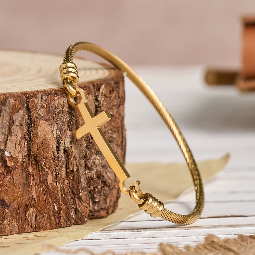 Christianartworkshop Bracciale rigido a cavo intrecciato con chiusura a barra trasversale lucida: simbolo di sacra grazia redentrice. - D'oro - image 0