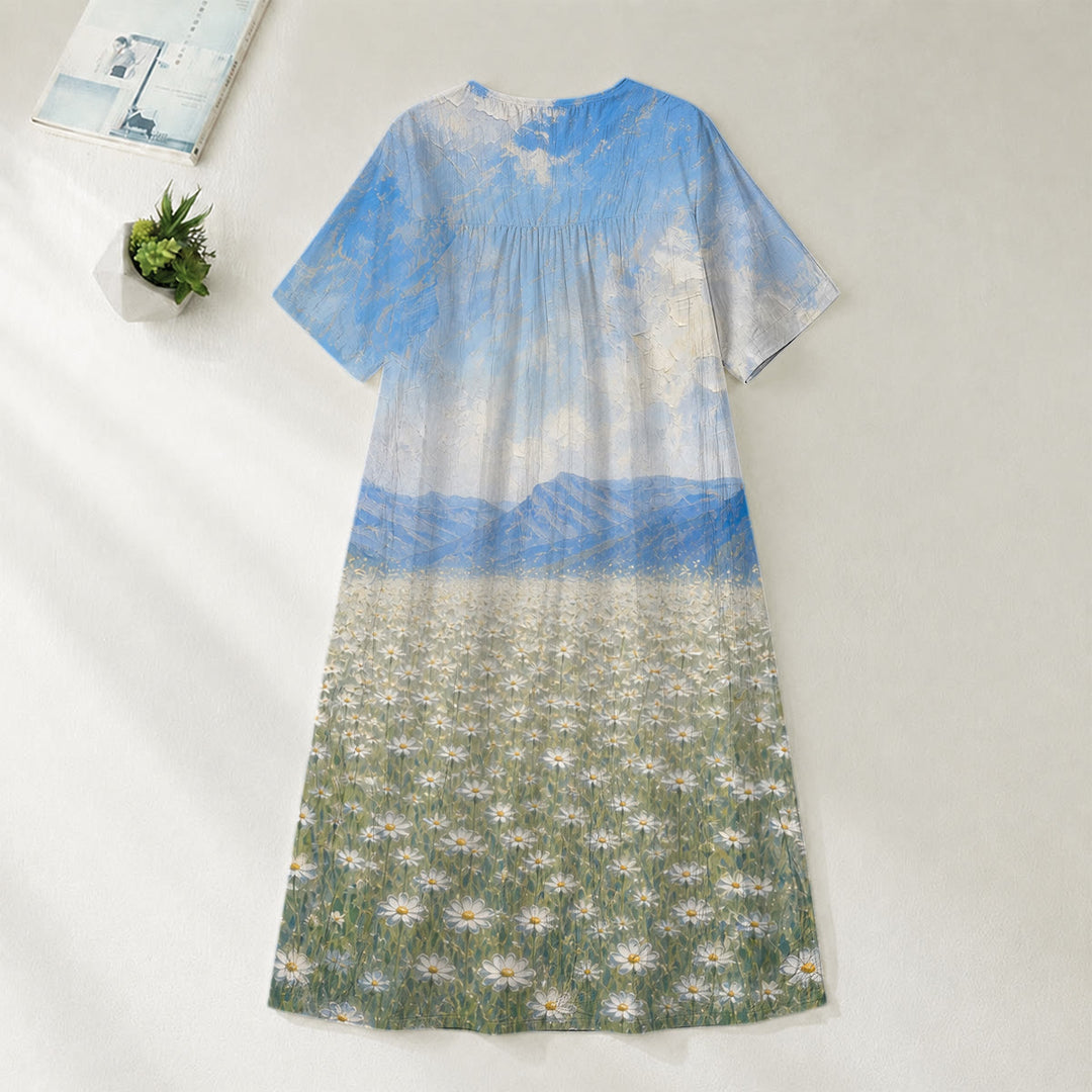 Abito midi a maniche corte con scollo a V, stampa artistica "Gesù abbraccia il bambino in un campo di margherite" Christianartworkshop - image 2