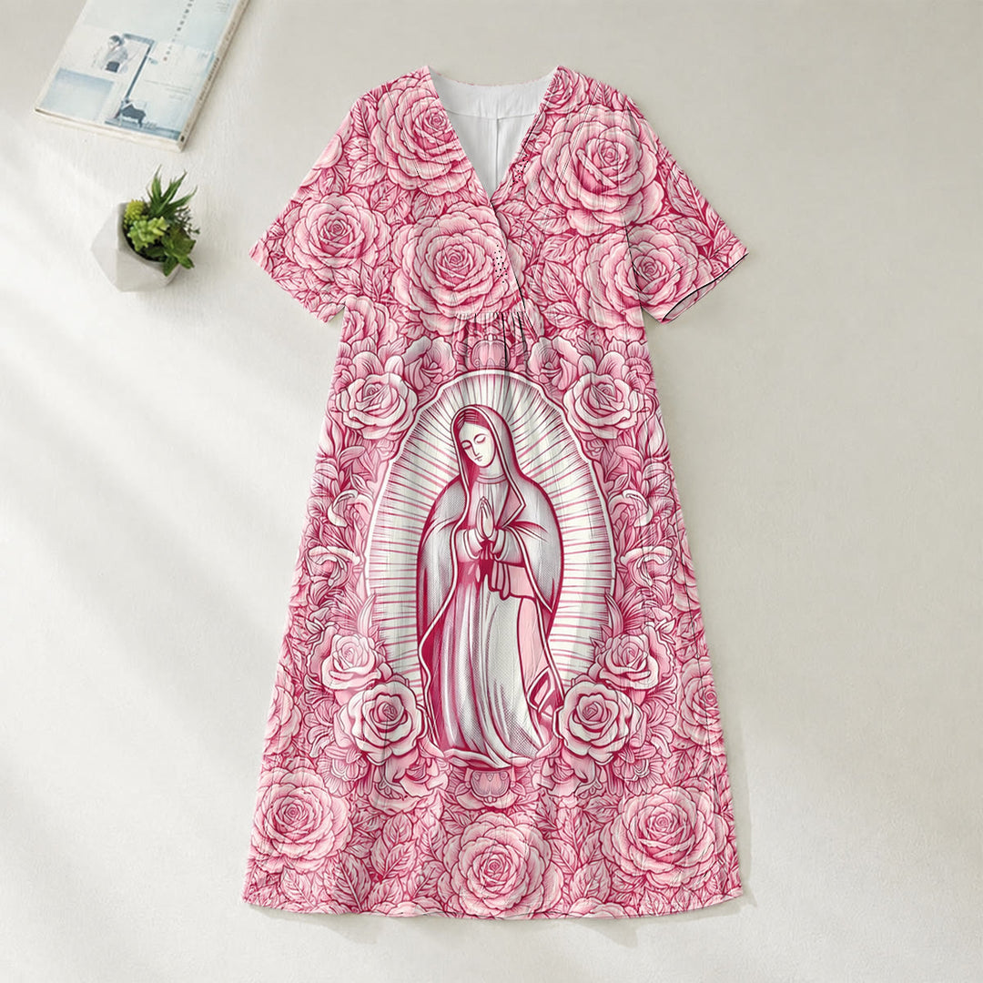 Abito midi a maniche corte con scollo a V e stampa devozionale "Nostra Signora di Guadalupe" e rose, Christianartworkshop. - 4XL - image 0