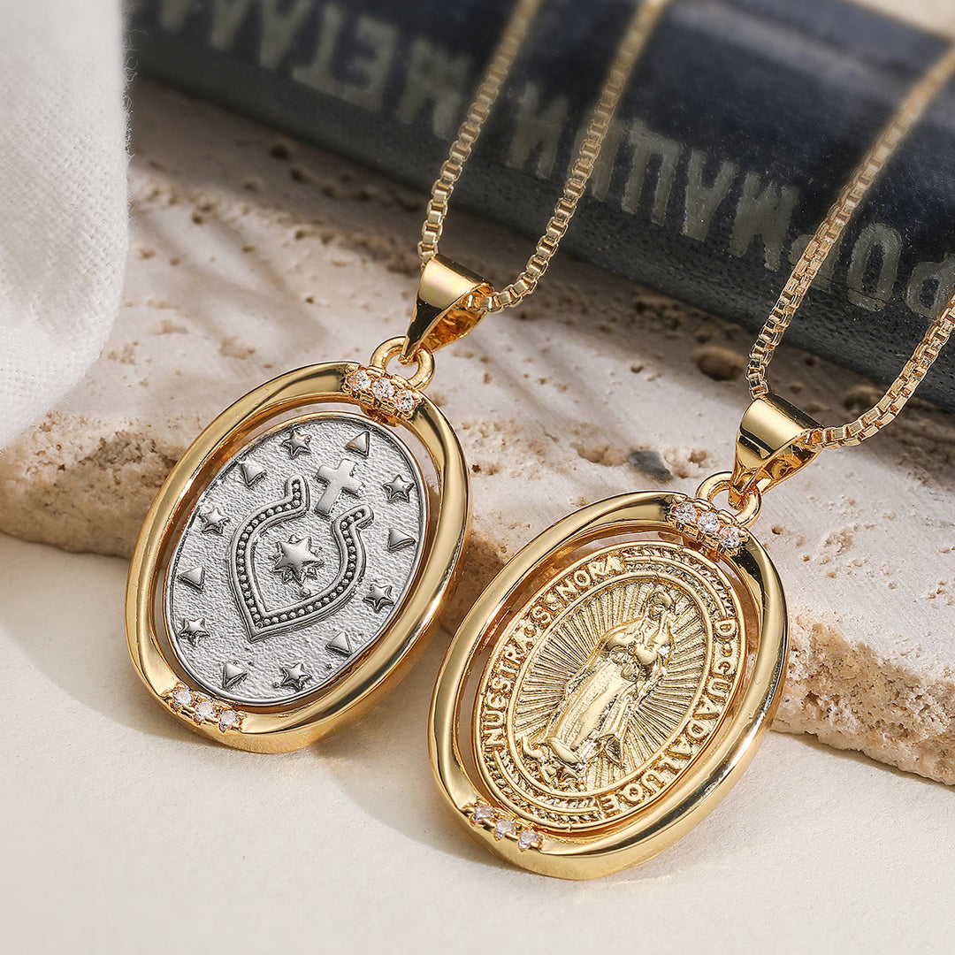 Christianartworkshop Collana con ciondolo ovale girevole reversibile con immagini della Madonna di Guadalupe e del Sacro Cuore. - image 0