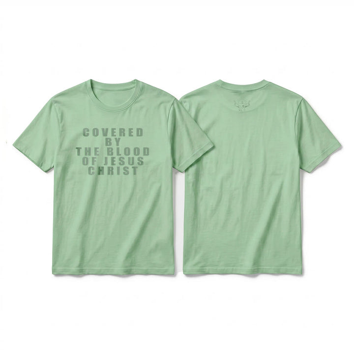 Christianartworkshop T-shirt a maniche corte premium con la scritta "Coperto dal sangue di Gesù Cristo" - Verde chiaro - 2XL - image 23