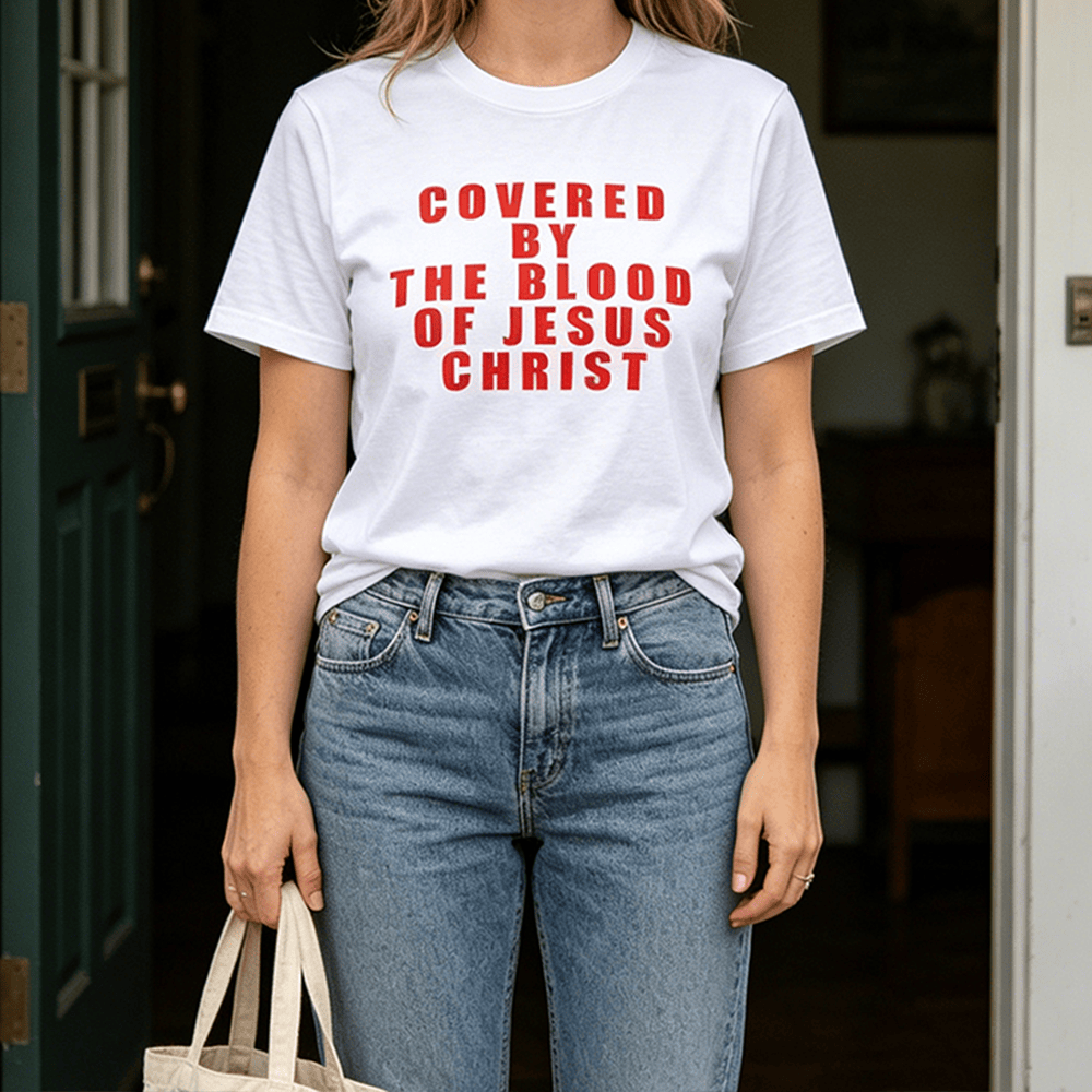 Christianartworkshop T-shirt a maniche corte premium con la scritta "Coperto dal sangue di Gesù Cristo" - image 0