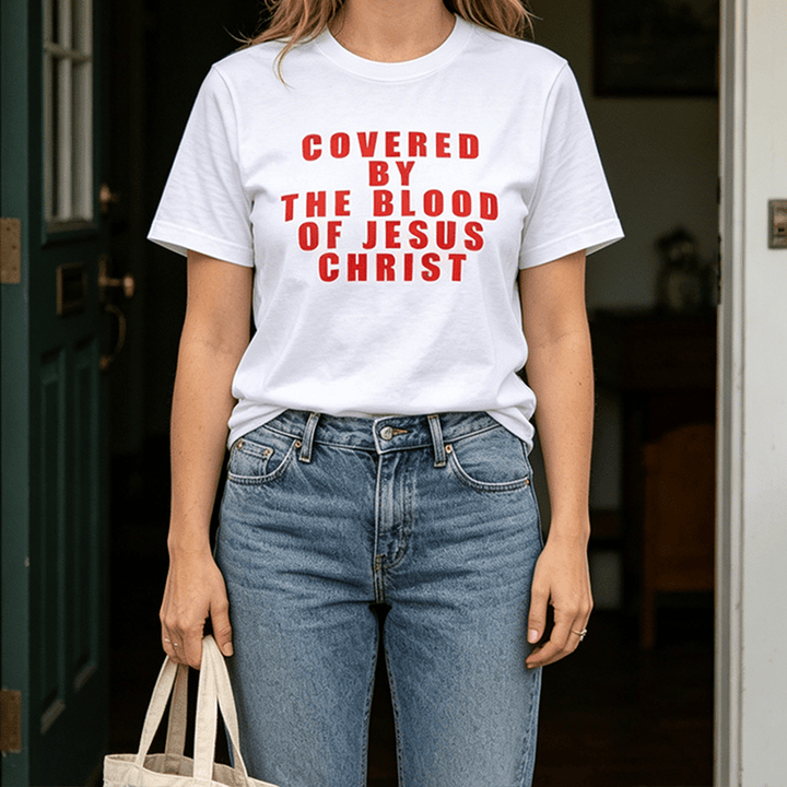 Christianartworkshop T-shirt a maniche corte premium con la scritta "Coperto dal sangue di Gesù Cristo" - image 0