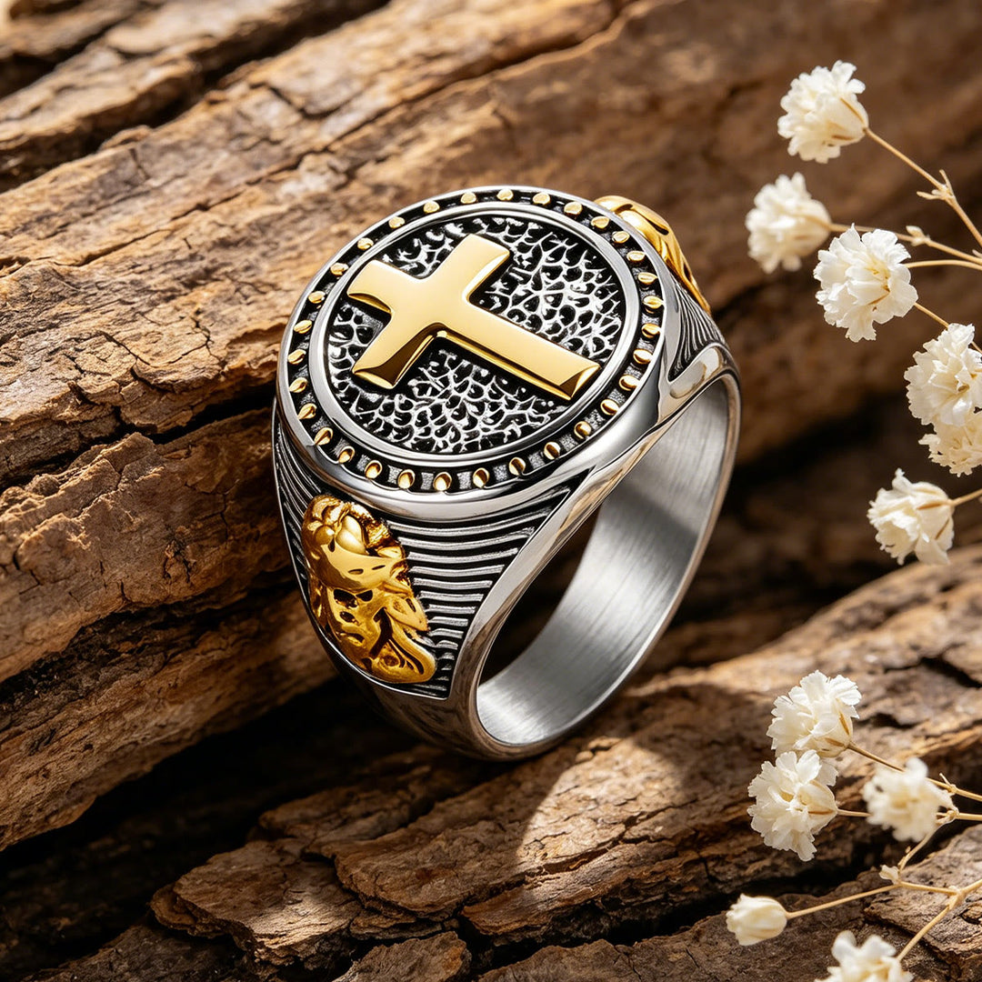 Christianartworkshop Anello vintage bicolore con croce e profilo di Gesù: simbolo di fede senza tempo e protezione sacra. - Argento e oro - US 13 - image 0