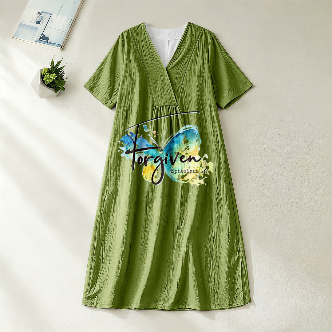 Abito midi con scollo a V e stampa a farfalla ad acquerello, ideale per riunioni in chiesa, con versetto biblico e farfalla ad acquerello, Christianartworkshop. - Verde oliva - 4XL - image 0