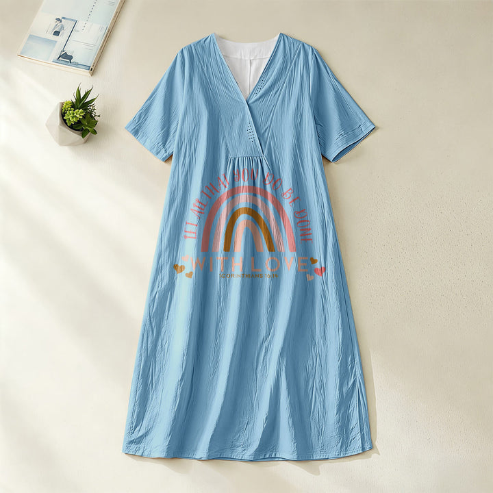 Christianartworkshop Abito midi casual con scollo a V, stampa "Love Scripture Rainbow Heart" in tinta unita - Blu - 4XL - image 4