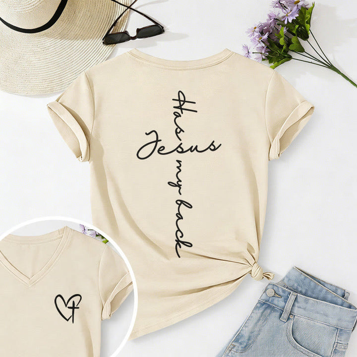 Christianartworkshop T-shirt casual con scollo a V e stampa "Gesù mi protegge" fronte e retro. - Beige - 2XL - image 12