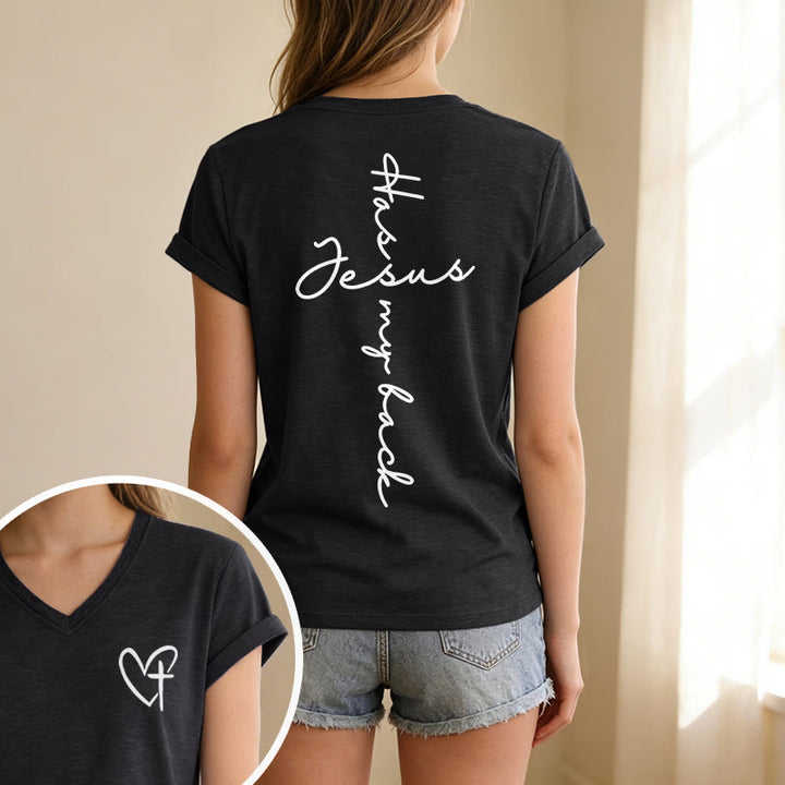 Christianartworkshop T-shirt casual con scollo a V e stampa "Gesù mi protegge" fronte e retro. - image 7