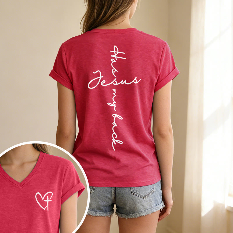 Christianartworkshop T-shirt casual con scollo a V e stampa "Gesù mi protegge" fronte e retro. - image 67