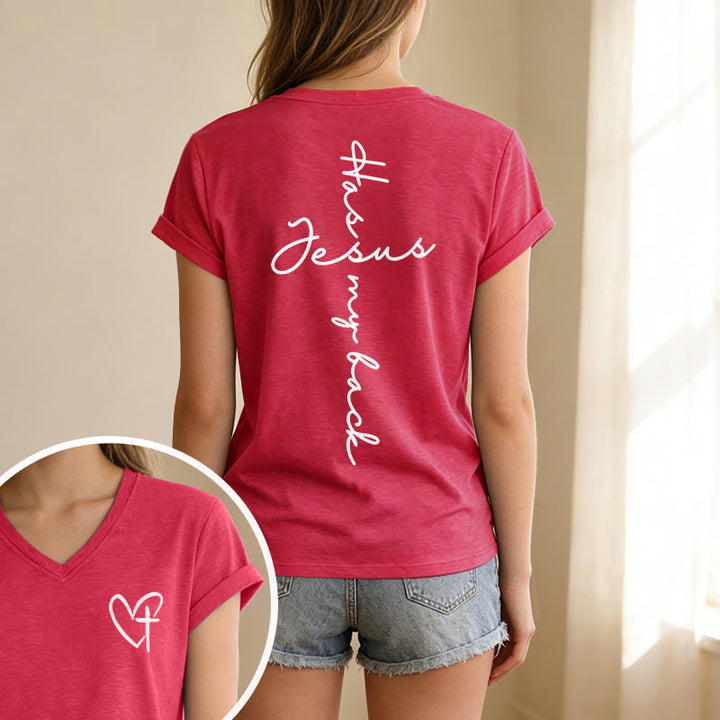 Christianartworkshop T-shirt casual con scollo a V e stampa "Gesù mi protegge" fronte e retro. - image 67