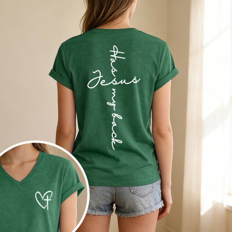 Christianartworkshop T-shirt casual con scollo a V e stampa "Gesù mi protegge" fronte e retro. - image 49