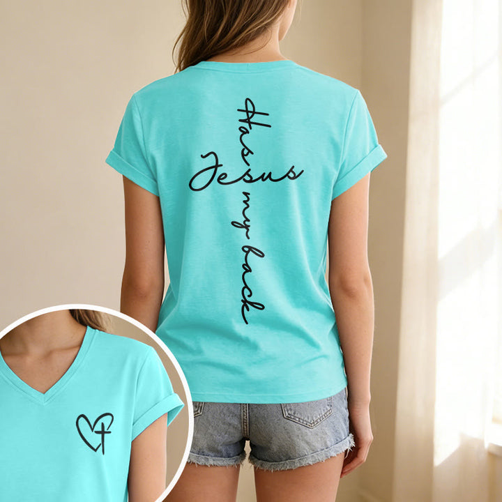 Christianartworkshop T-shirt casual con scollo a V e stampa "Gesù mi protegge" fronte e retro. - image 37