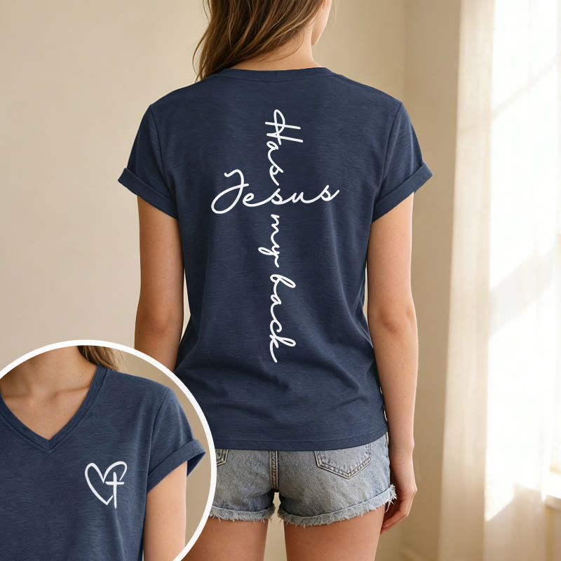 Christianartworkshop T-shirt casual con scollo a V e stampa "Gesù mi protegge" fronte e retro. - image 61