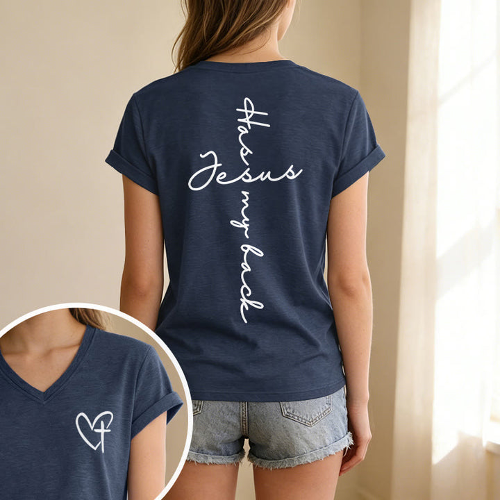 Christianartworkshop T-shirt casual con scollo a V e stampa "Gesù mi protegge" fronte e retro. - image 61