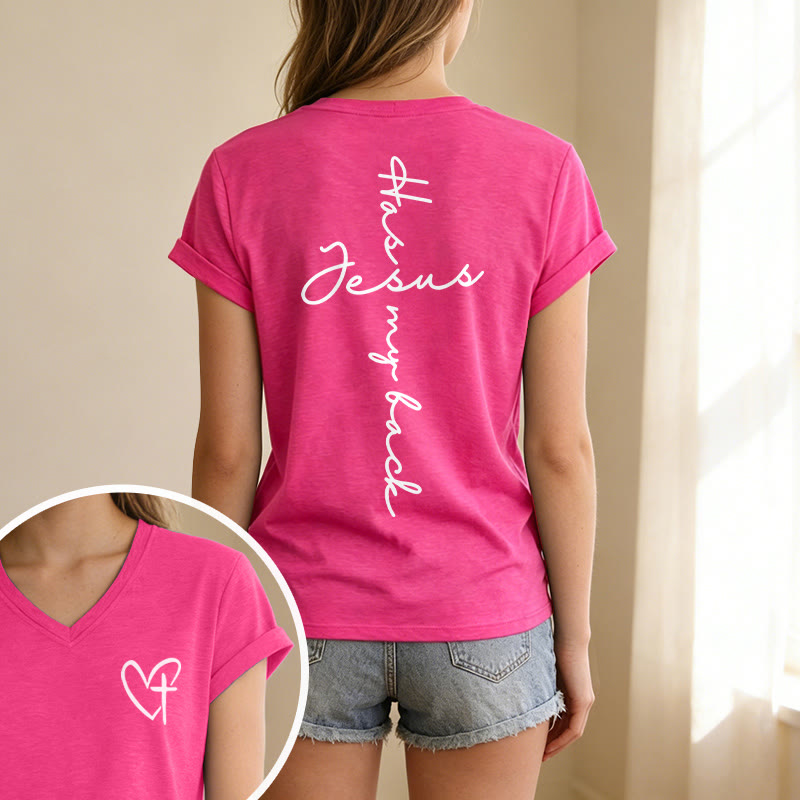 Christianartworkshop T-shirt casual con scollo a V e stampa "Gesù mi protegge" fronte e retro. - image 73
