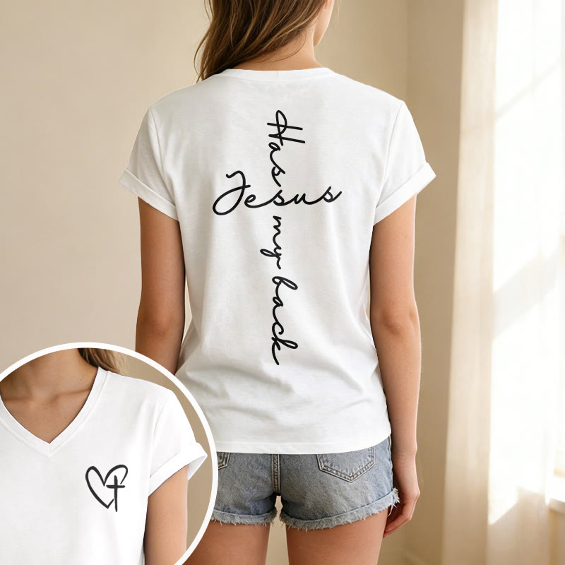 Christianartworkshop T-shirt casual con scollo a V e stampa "Gesù mi protegge" fronte e retro. - image 31