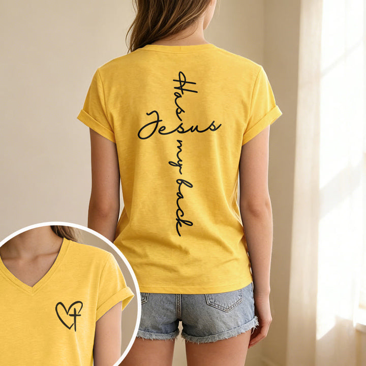 Christianartworkshop T-shirt casual con scollo a V e stampa "Gesù mi protegge" fronte e retro. - image 19
