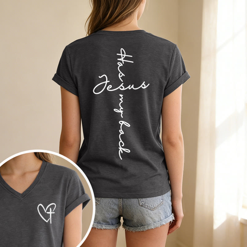 Christianartworkshop T-shirt casual con scollo a V e stampa "Gesù mi protegge" fronte e retro. - image 1