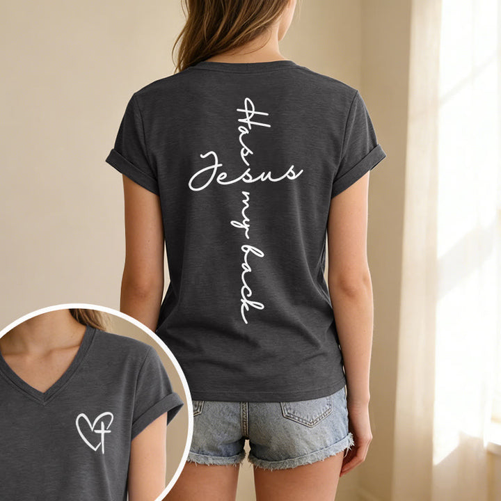 Christianartworkshop T-shirt casual con scollo a V e stampa "Gesù mi protegge" fronte e retro. - image 1