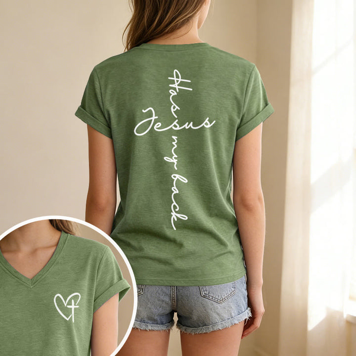 Christianartworkshop T-shirt casual con scollo a V e stampa "Gesù mi protegge" fronte e retro. - image 25