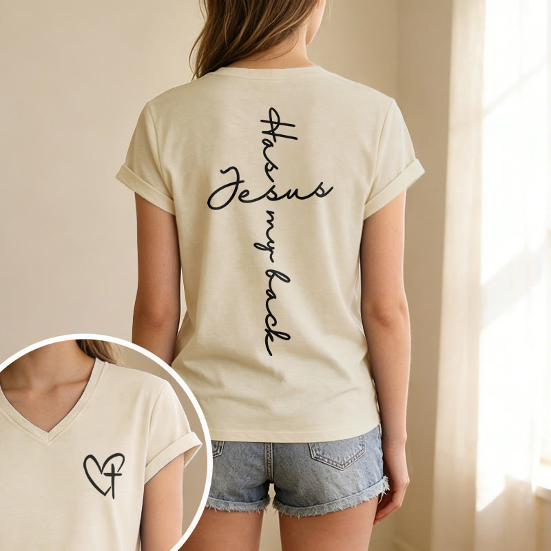 Christianartworkshop T-shirt casual con scollo a V e stampa "Gesù mi protegge" fronte e retro. - image 13