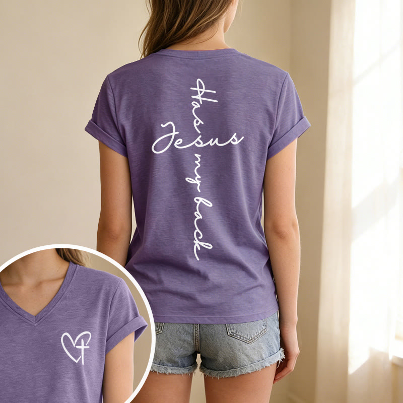 Christianartworkshop T-shirt casual con scollo a V e stampa "Gesù mi protegge" fronte e retro. - image 55