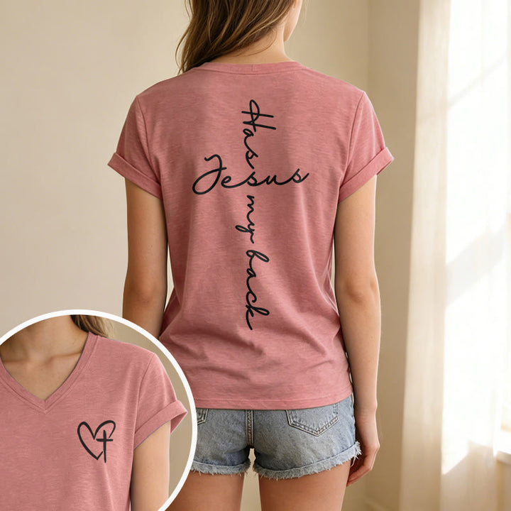 Christianartworkshop T-shirt casual con scollo a V e stampa "Gesù mi protegge" fronte e retro. - image 43